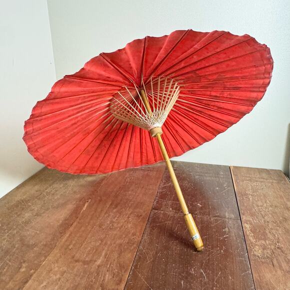 Vintage hand painted Cherry Blossom Finch Bird Red Parasol Bamboo Umbrella - Picture 3 of 11